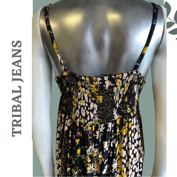 Tribal Jeans Floral Print Maxi Dress Back Elastic Smocking Black Yellow Size XS - Picture 12 of 14